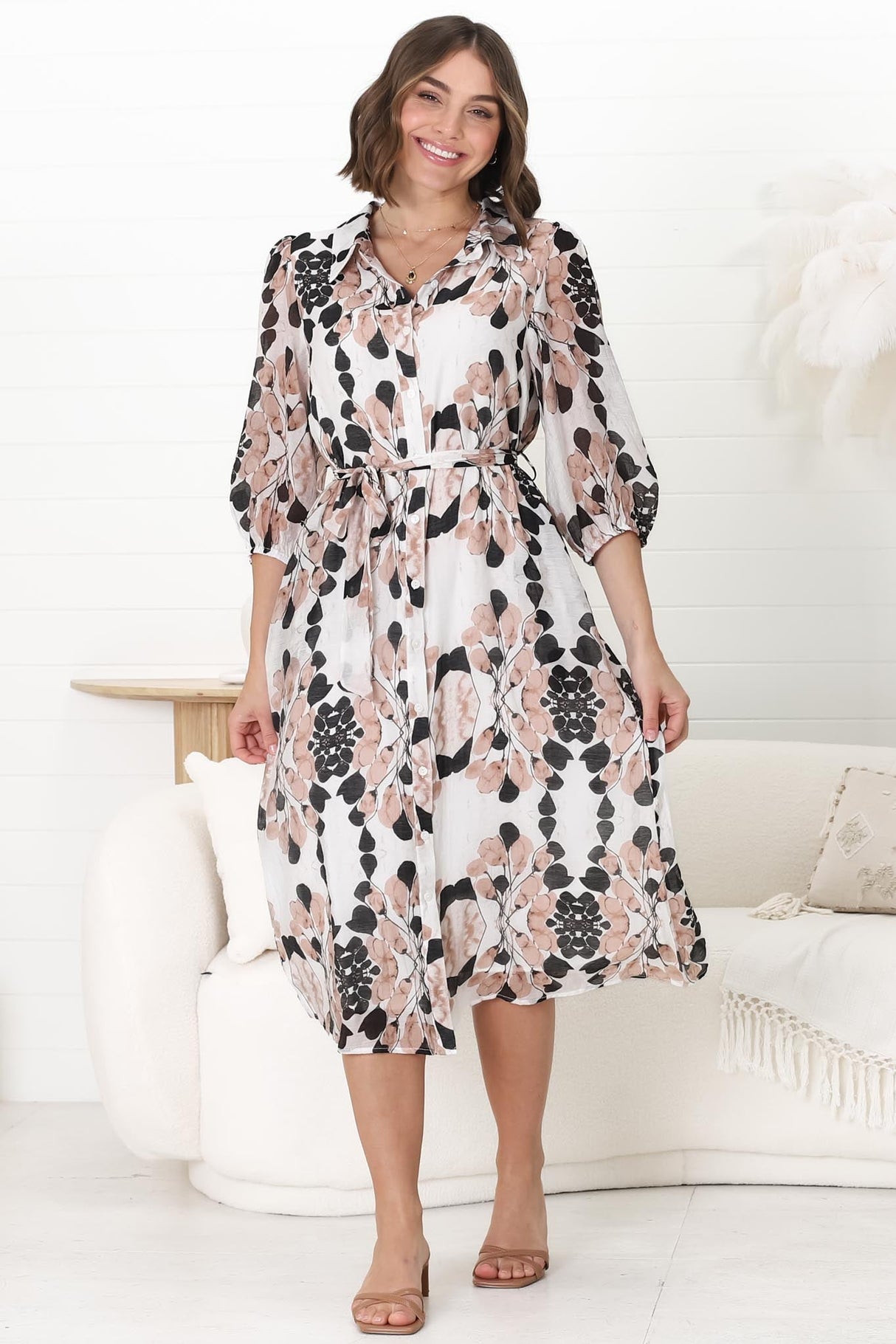 Lorinie Midi Dress - Collared Shirt Dress with Matching Waist Tie in Calea Print Beige