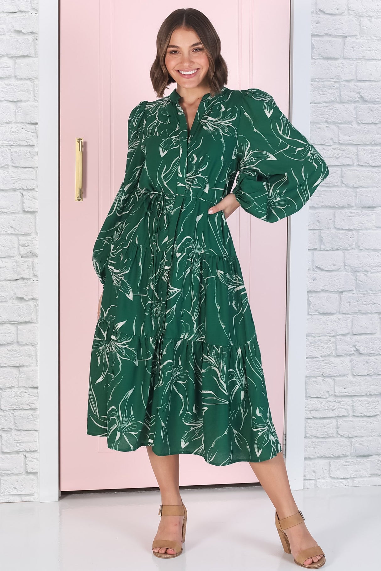 Brea Midi Dress - High Mandarin Collar Button Down Dress in Ivy Print Green