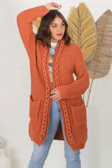 Toolara Cardigan - Thick Cable Knit Hooded Cardigan with Pocket in Rust