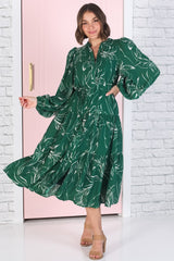 Brea Midi Dress - High Mandarin Collar Button Down Dress in Ivy Print Green