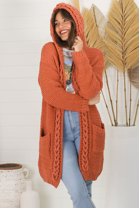 Toolara Cardigan - Thick Cable Knit Hooded Cardigan with Pocket in Rust