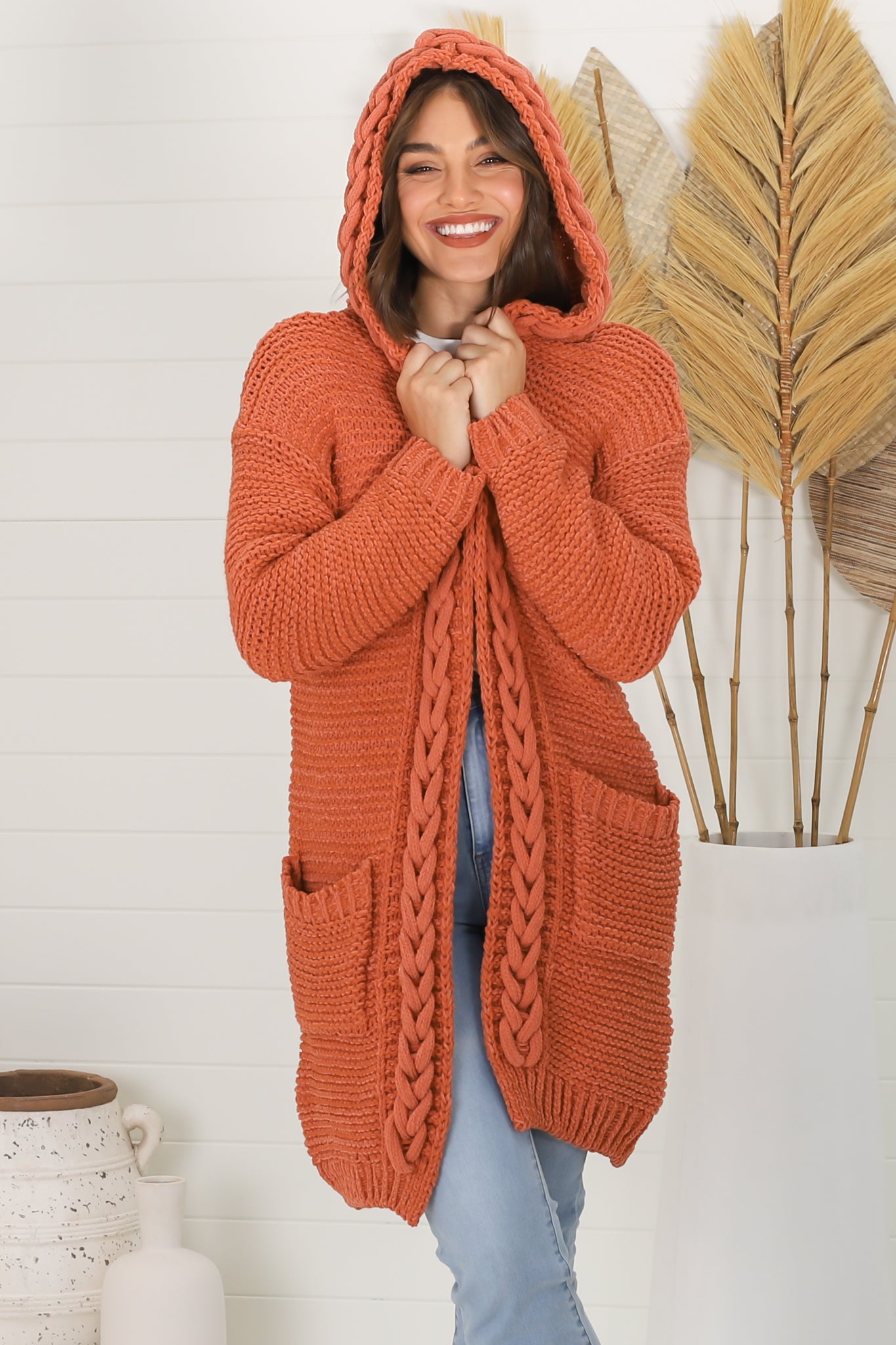 Toolara Cardigan - Thick Cable Knit Hooded Cardigan with Pocket in Rust