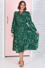 Brea Midi Dress - High Mandarin Collar Button Down Dress in Ivy Print Green