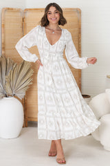 Elias Midi Dress - Shirred Elasticated Bodice A Line Dress with Long Sleeves in Astra White