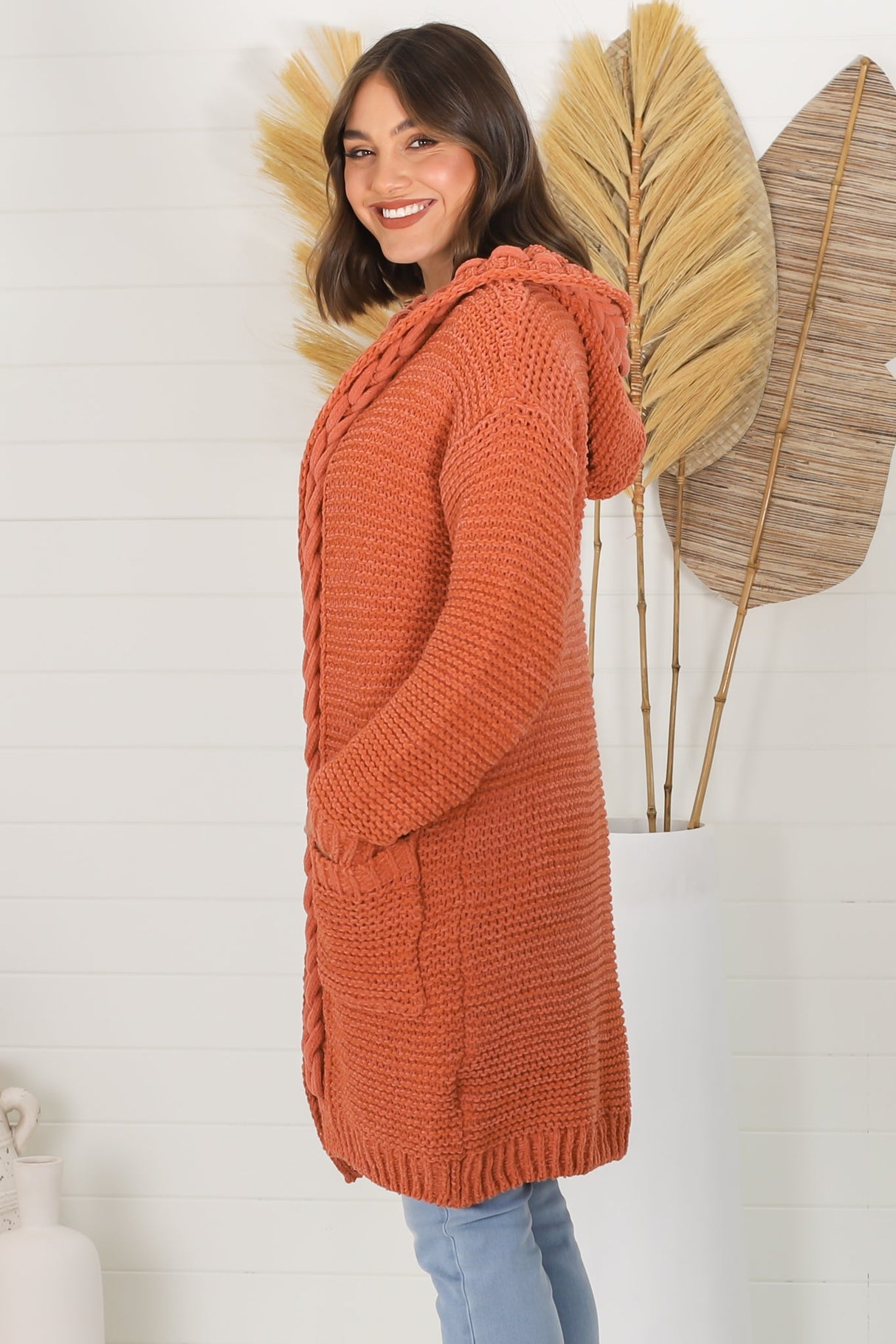 Toolara Cardigan - Thick Cable Knit Hooded Cardigan with Pocket in Rust