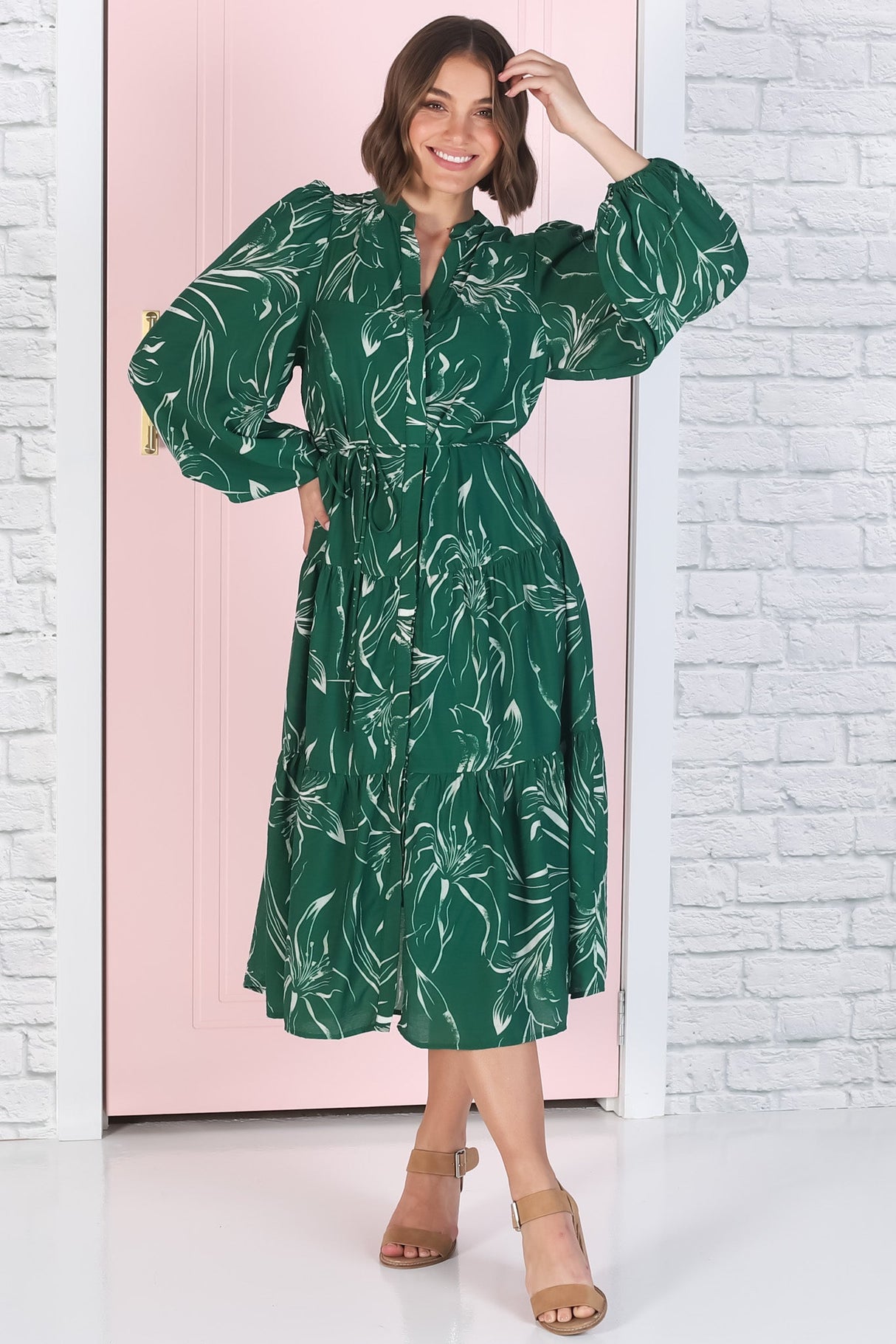 Brea Midi Dress - High Mandarin Collar Button Down Dress in Ivy Print Green