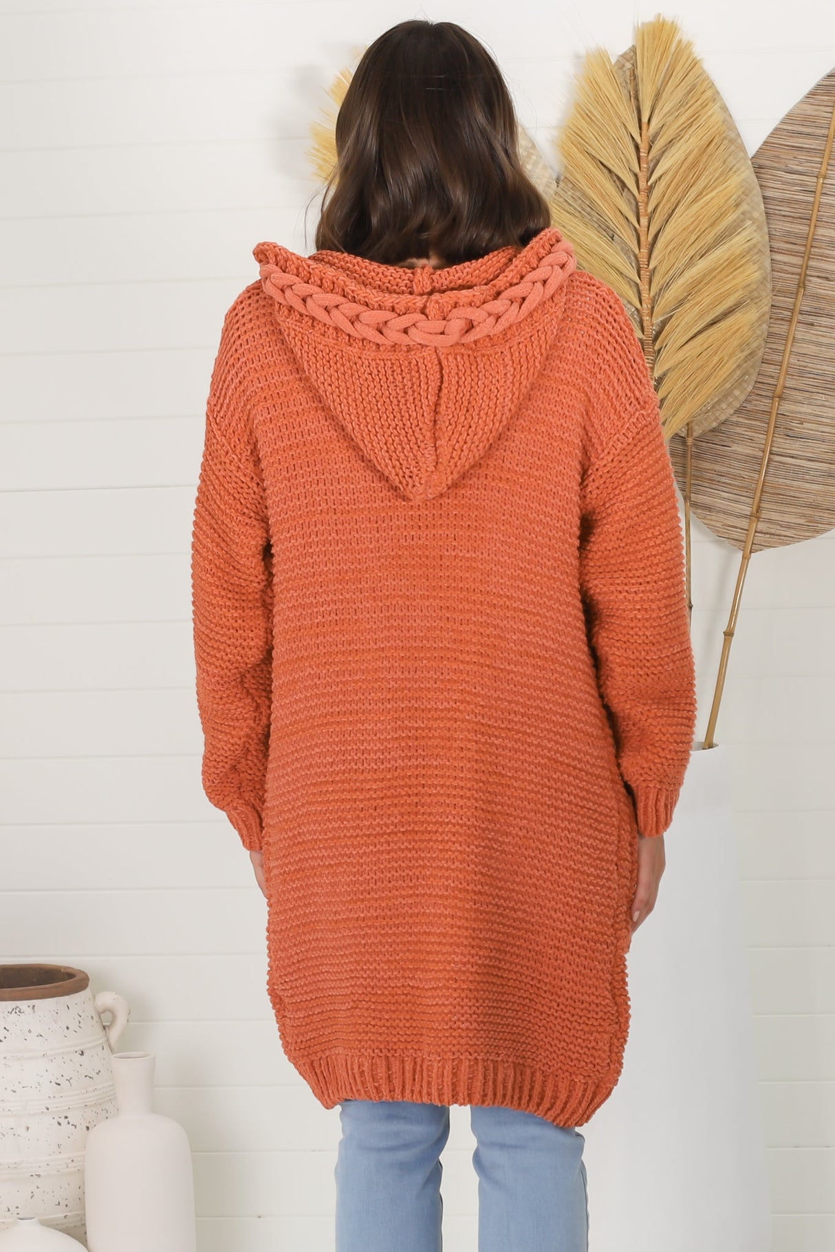 Toolara Cardigan - Thick Cable Knit Hooded Cardigan with Pocket in Rust