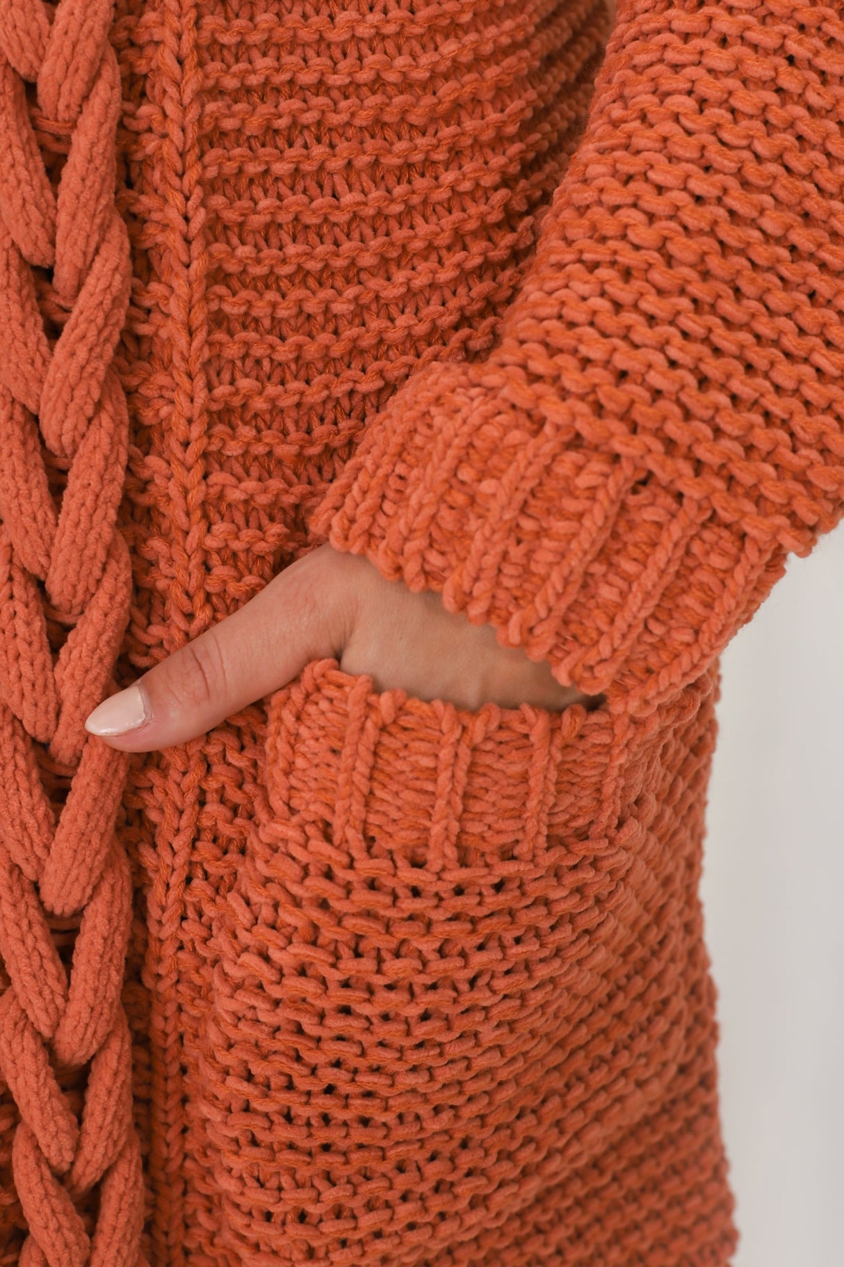 Toolara Cardigan - Thick Cable Knit Hooded Cardigan with Pocket in Rust