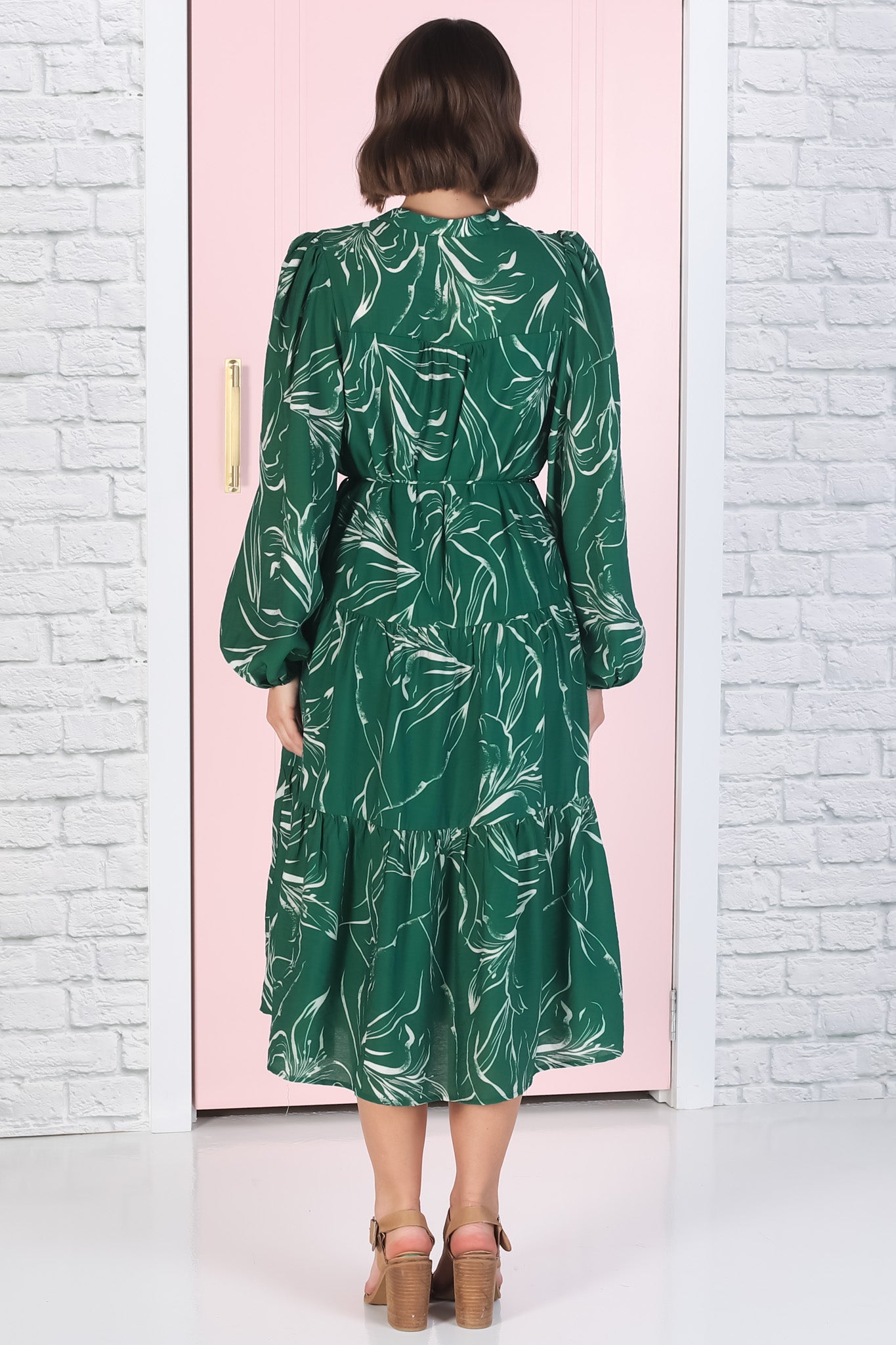 Brea Midi Dress - High Mandarin Collar Button Down Dress in Ivy Print Green