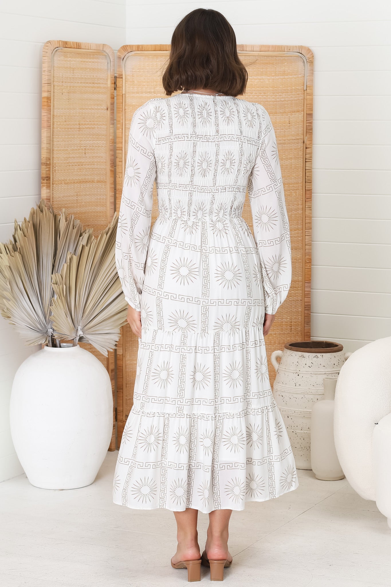 Elias Midi Dress - Shirred Elasticated Bodice A Line Dress with Long Sleeves in Astra White
