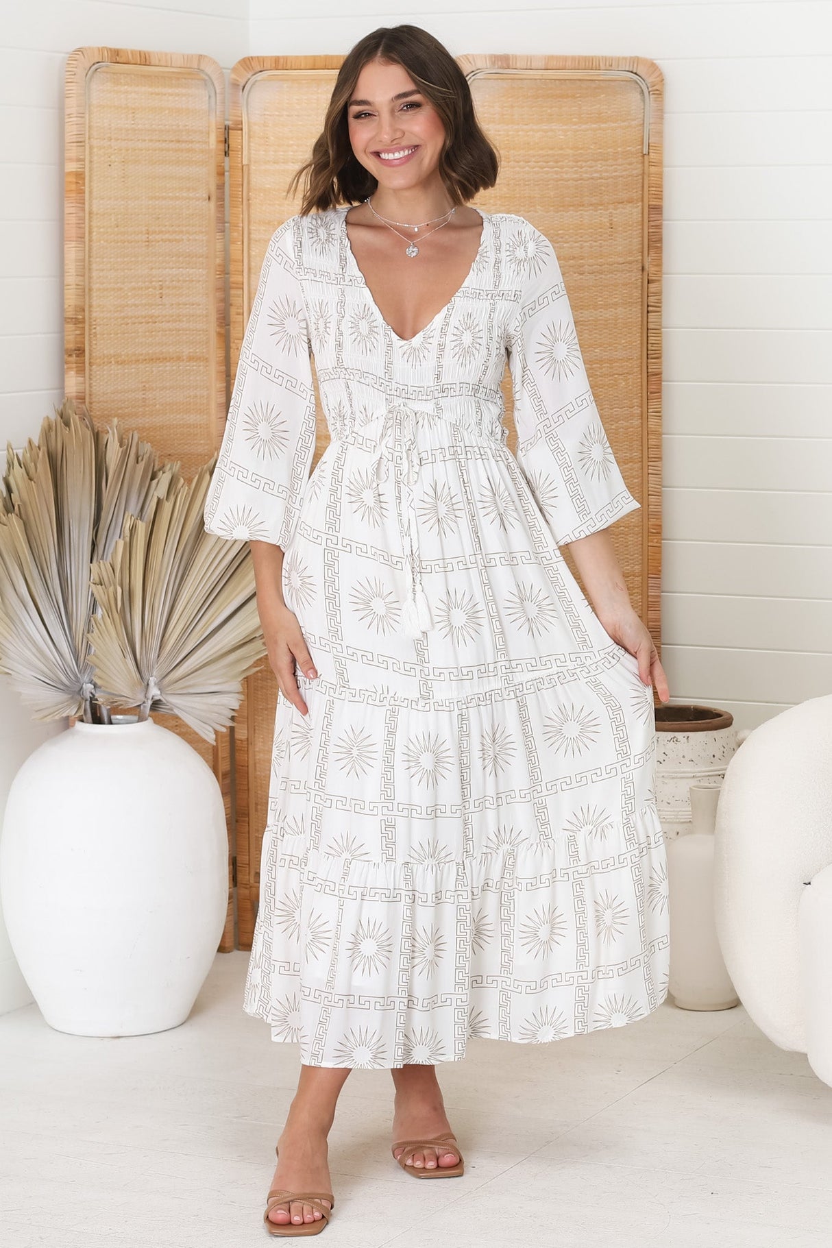 Elias Midi Dress - Shirred Elasticated Bodice A Line Dress with Long Sleeves in Astra White