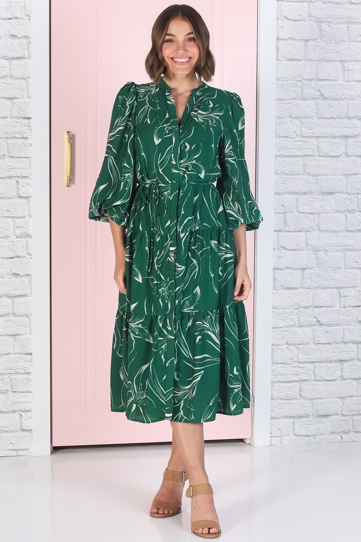 Brea Midi Dress - High Mandarin Collar Button Down Dress in Ivy Print Green