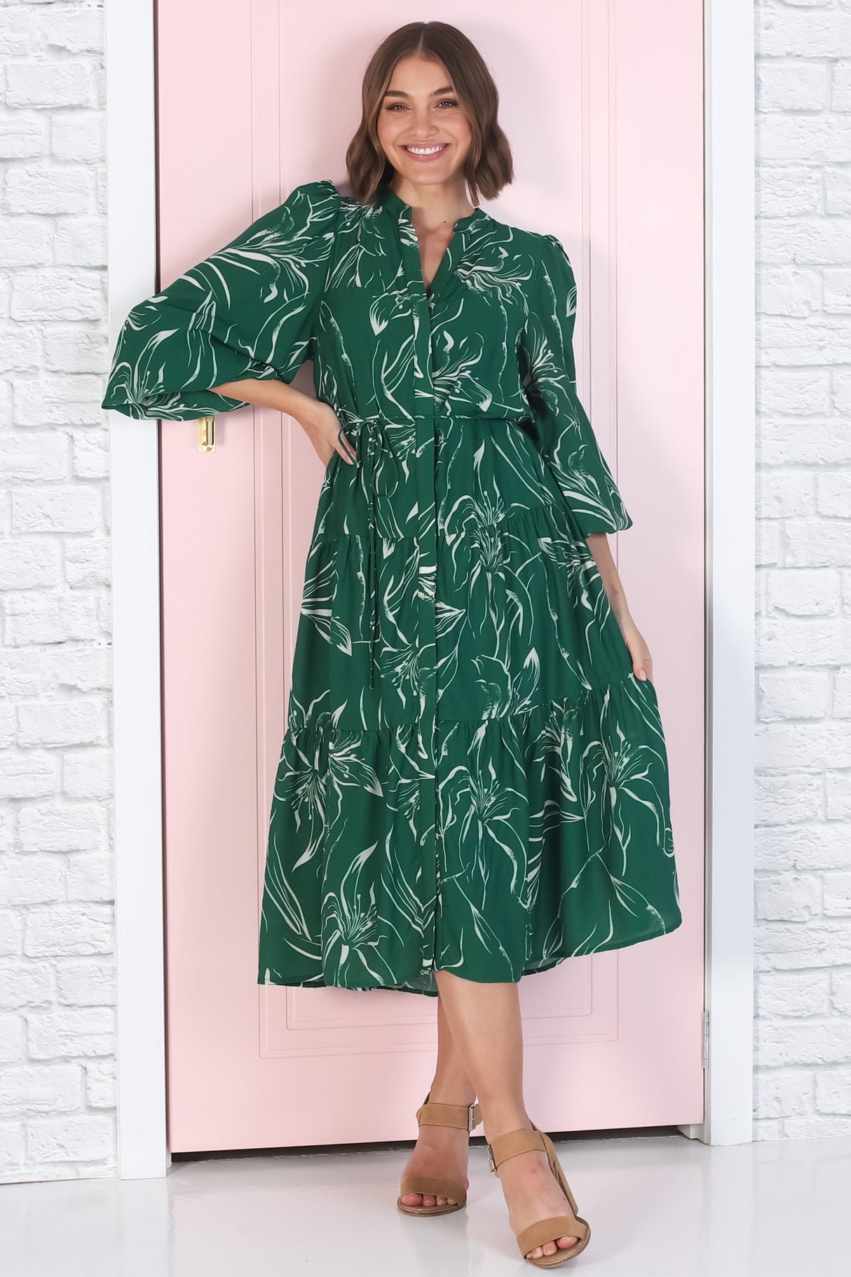 Brea Midi Dress - High Mandarin Collar Button Down Dress in Ivy Print Green