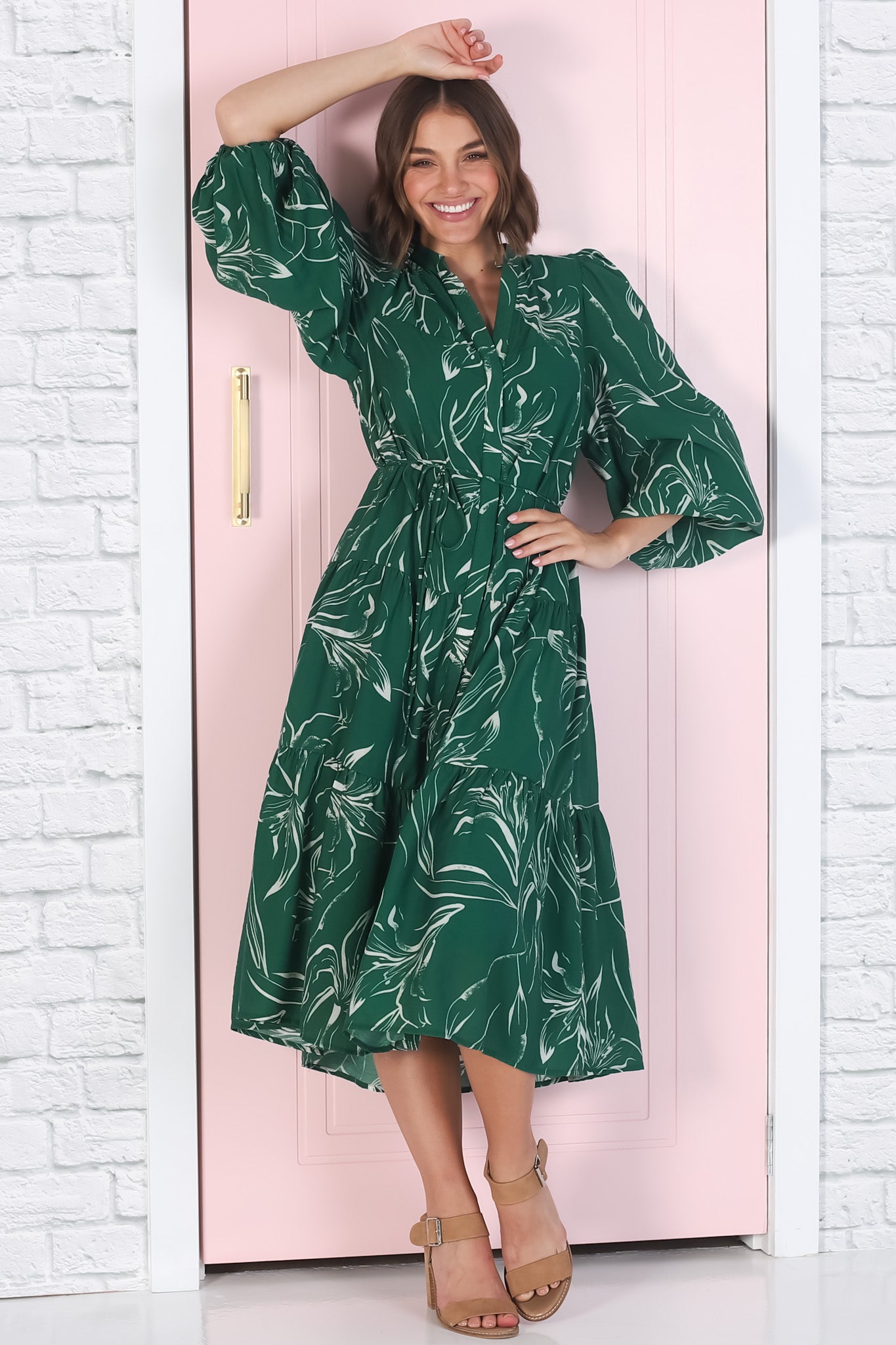 Brea Midi Dress - High Mandarin Collar Button Down Dress in Ivy Print Green