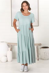 Allegra Midi Dress - Relaxed Asymmetric Tiered Linen Smock Dress in Sky Blue