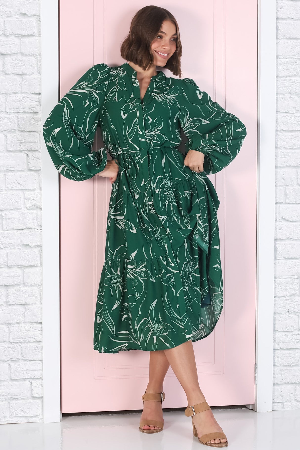 Brea Midi Dress - High Mandarin Collar Button Down Dress in Ivy Print Green