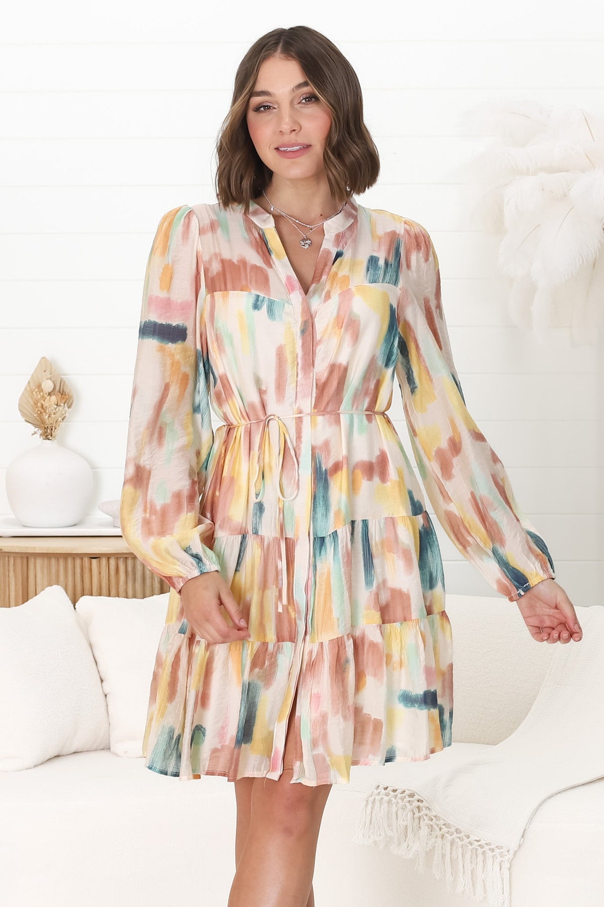 Cadell Mini Dress - Mandarin Collar Buttoned Down Dress in Pastel Dreams Print