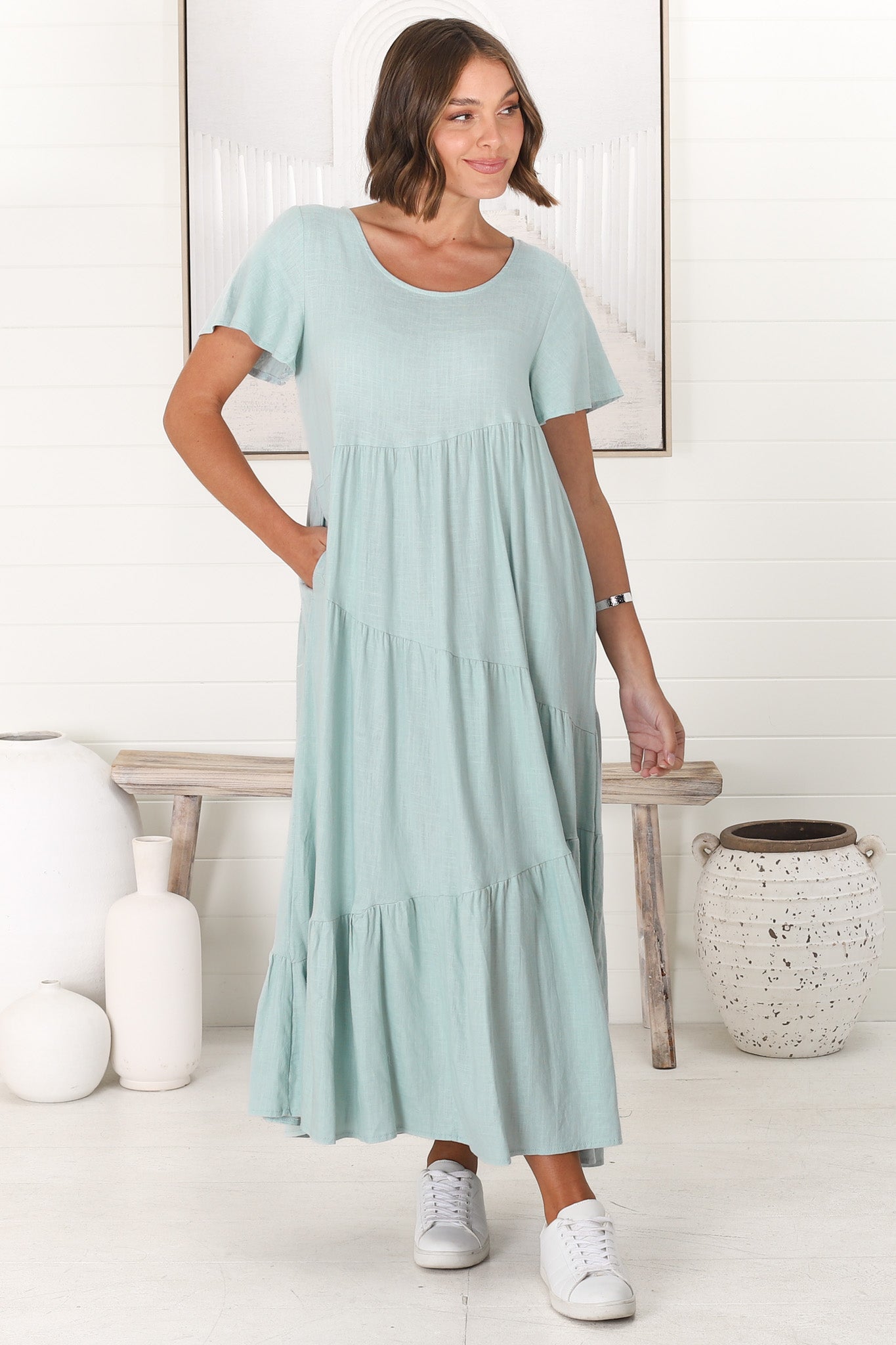 Allegra Midi Dress - Relaxed Asymmetric Tiered Linen Smock Dress in Sky Blue