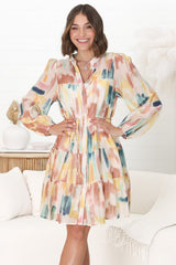 Cadell Mini Dress - Mandarin Collar Buttoned Down Dress in Pastel Dreams Print