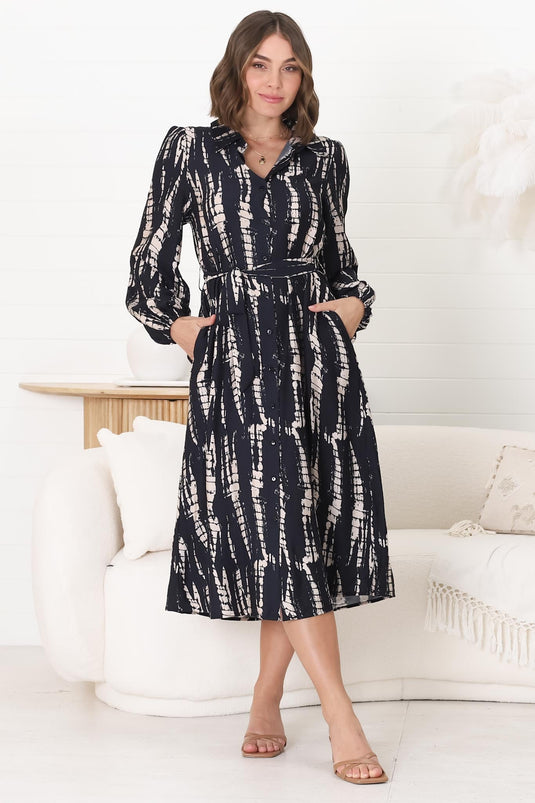 Lorinie Midi Dress - Collared Shirt Dress with Matching Waist Tie in Jae Print