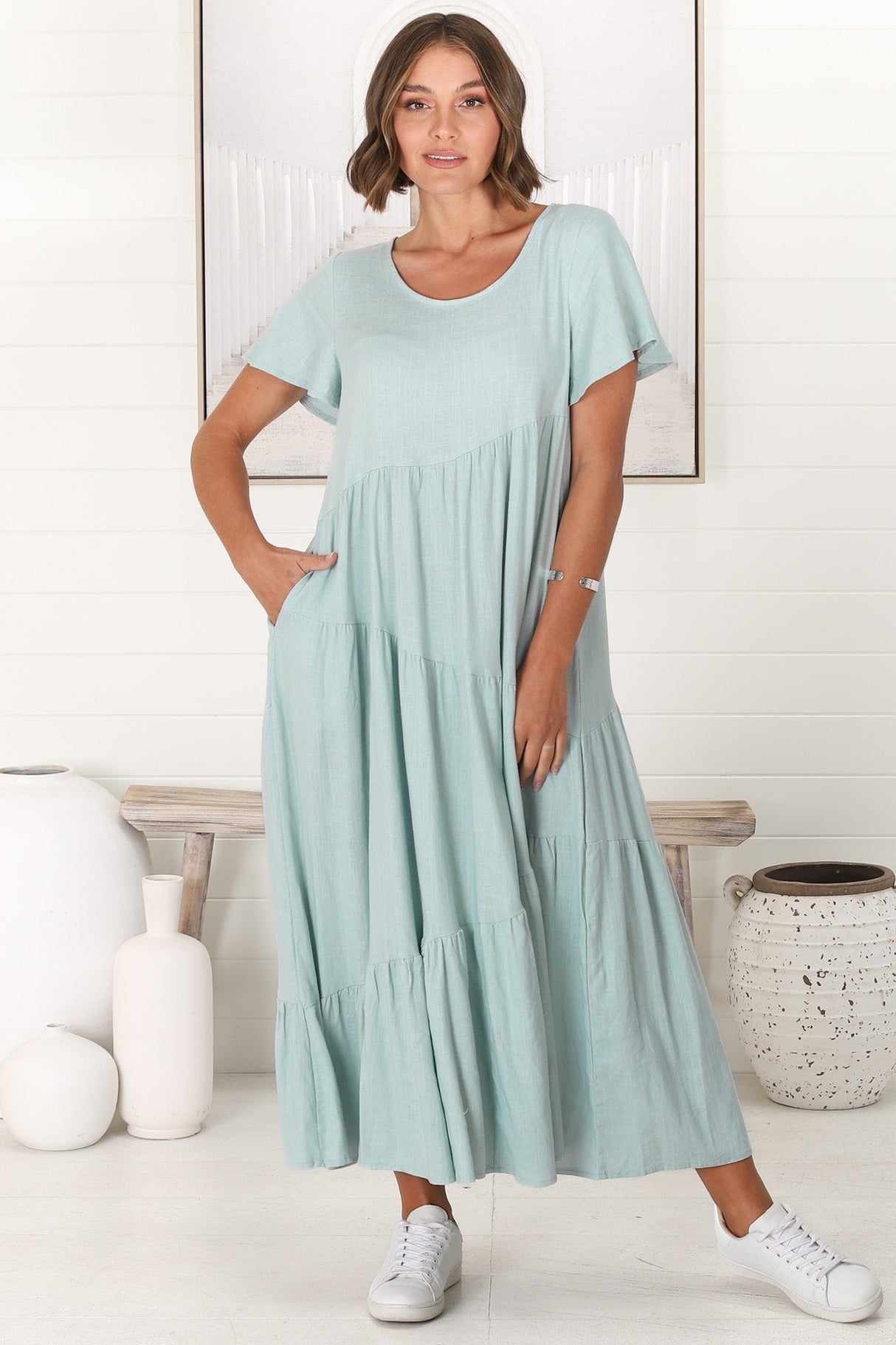 Allegra Midi Dress - Relaxed Asymmetric Tiered Linen Smock Dress in Sky Blue