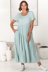 Allegra Midi Dress - Relaxed Asymmetric Tiered Linen Smock Dress in Sky Blue