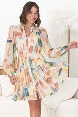Cadell Mini Dress - Mandarin Collar Buttoned Down Dress in Pastel Dreams Print