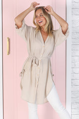 Rylee Tunic - Long Line Button Down Tunic in Beige