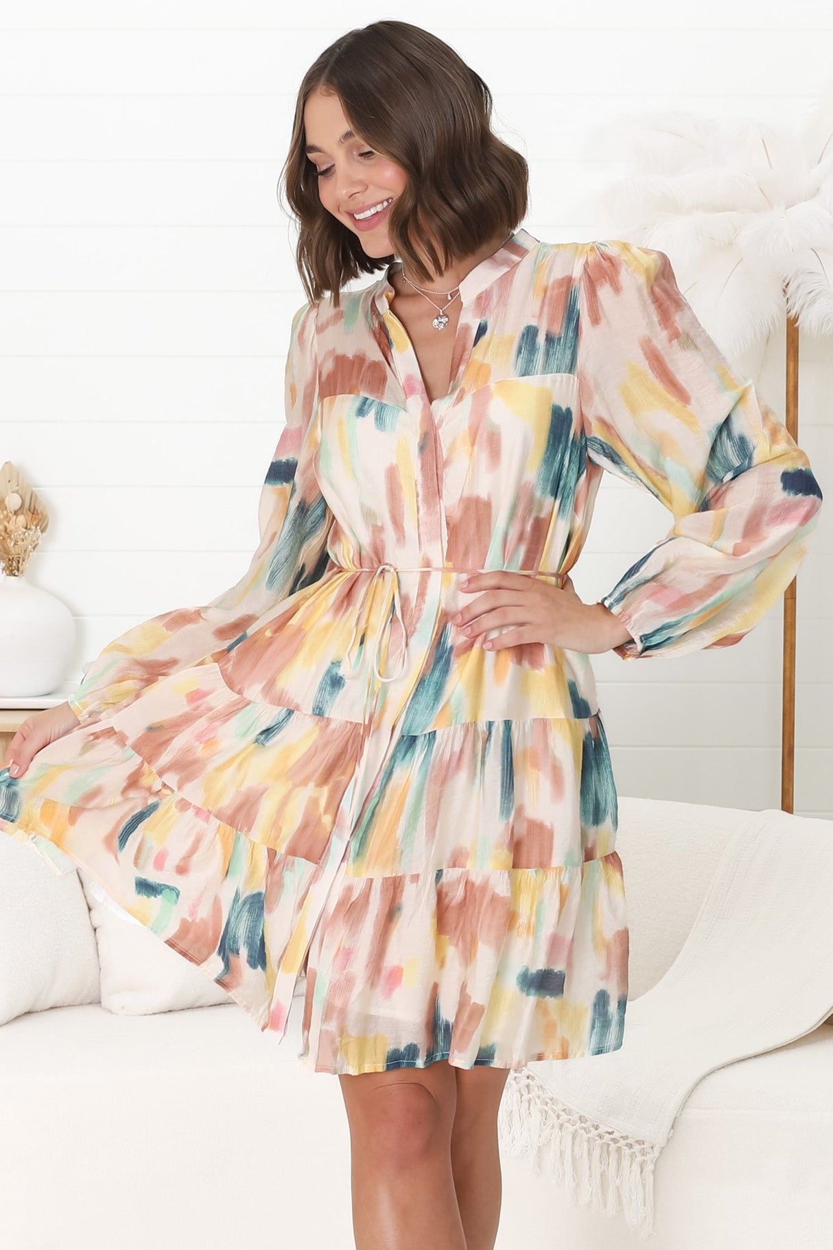 Cadell Mini Dress - Mandarin Collar Buttoned Down Dress in Pastel Dreams Print