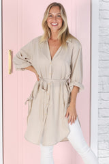 Rylee Tunic - Long Line Button Down Tunic in Beige