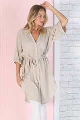 Rylee Tunic - Long Line Button Down Tunic in Beige