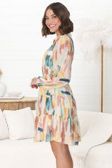Cadell Mini Dress - Mandarin Collar Buttoned Down Dress in Pastel Dreams Print