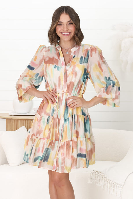 Cadell Mini Dress - Mandarin Collar Buttoned Down Dress in Pastel Dreams Print