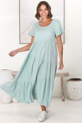 Allegra Midi Dress - Relaxed Asymmetric Tiered Linen Smock Dress in Sky Blue