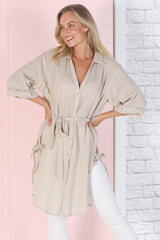 Rylee Tunic - Long Line Button Down Tunic in Beige