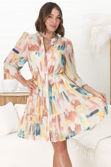 Cadell Mini Dress - Mandarin Collar Buttoned Down Dress in Pastel Dreams Print