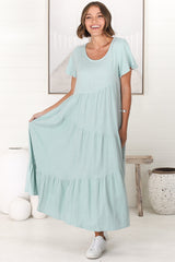 Allegra Midi Dress - Relaxed Asymmetric Tiered Linen Smock Dress in Sky Blue