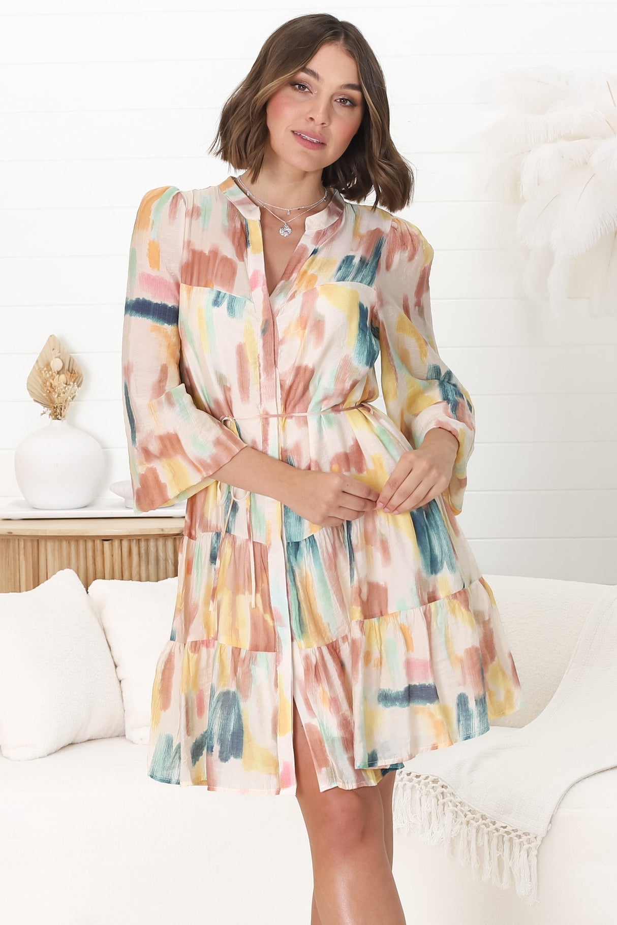 Cadell Mini Dress - Mandarin Collar Buttoned Down Dress in Pastel Dreams Print