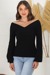 Apres Knit Top - V Neck Slightly Off Shoulder Balloon Sleeve Knit in Black