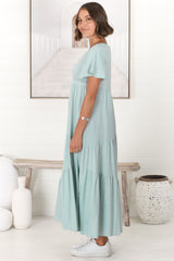 Allegra Midi Dress - Relaxed Asymmetric Tiered Linen Smock Dress in Sky Blue