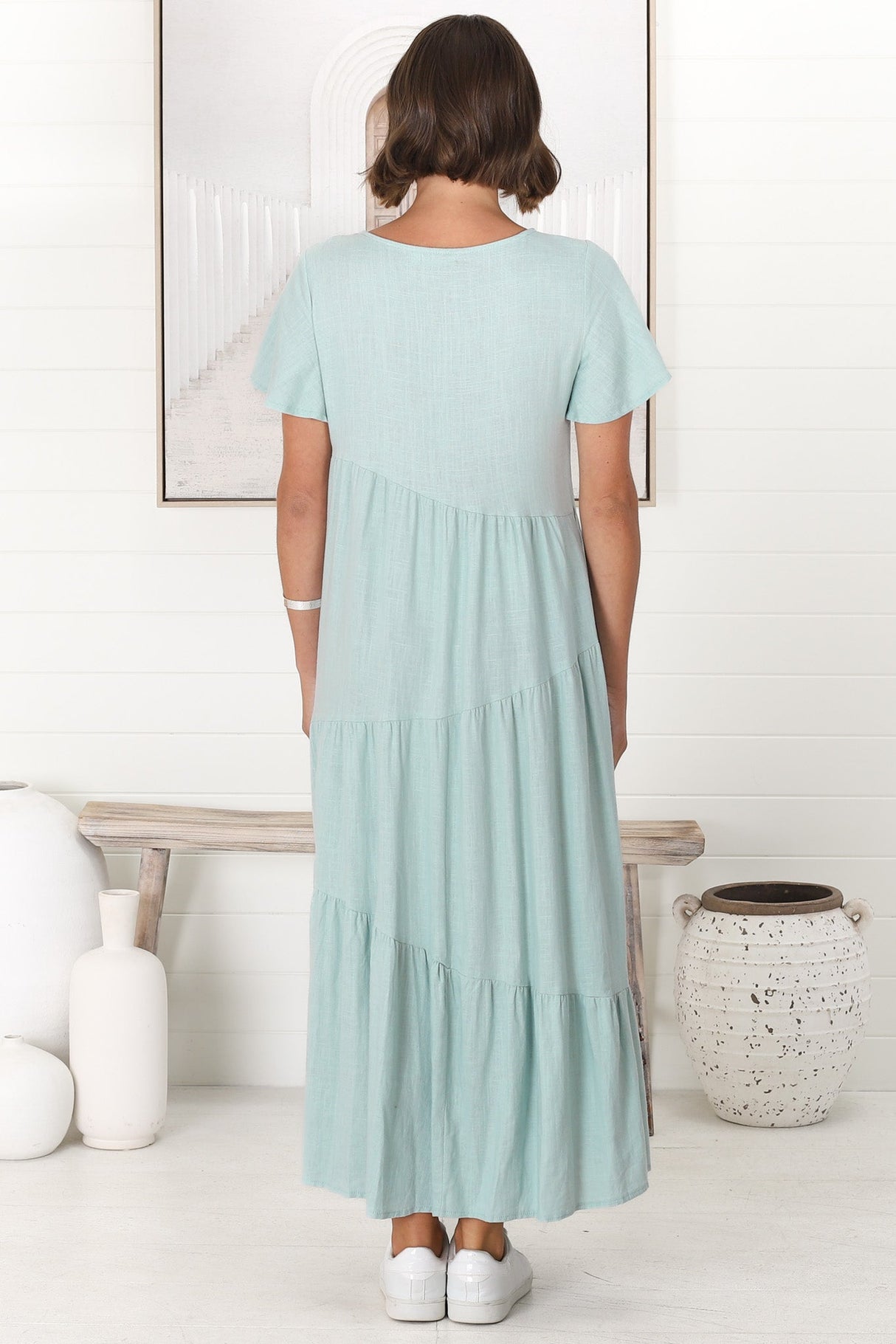 Allegra Midi Dress - Relaxed Asymmetric Tiered Linen Smock Dress in Sky Blue