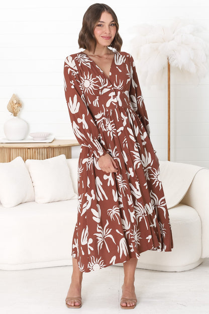 Jolie Midi Dress - V Neck Buttoned Down Long Sleeve Dress in Wells Print Brown