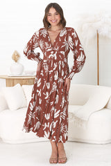 Jolie Midi Dress - V Neck Buttoned Down Long Sleeve Dress in Wells Print Brown