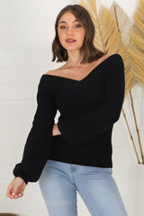 Apres Knit Top - V Neck Slightly Off Shoulder Balloon Sleeve Knit in Black