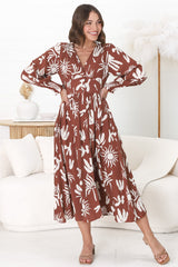 Jolie Midi Dress - V Neck Buttoned Down Long Sleeve Dress in Wells Print Brown