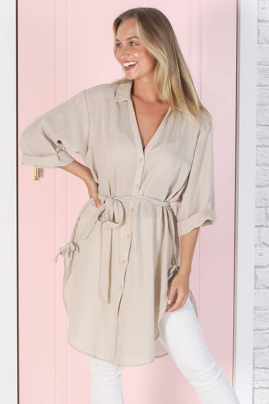 Rylee Tunic - Long Line Button Down Tunic in Beige