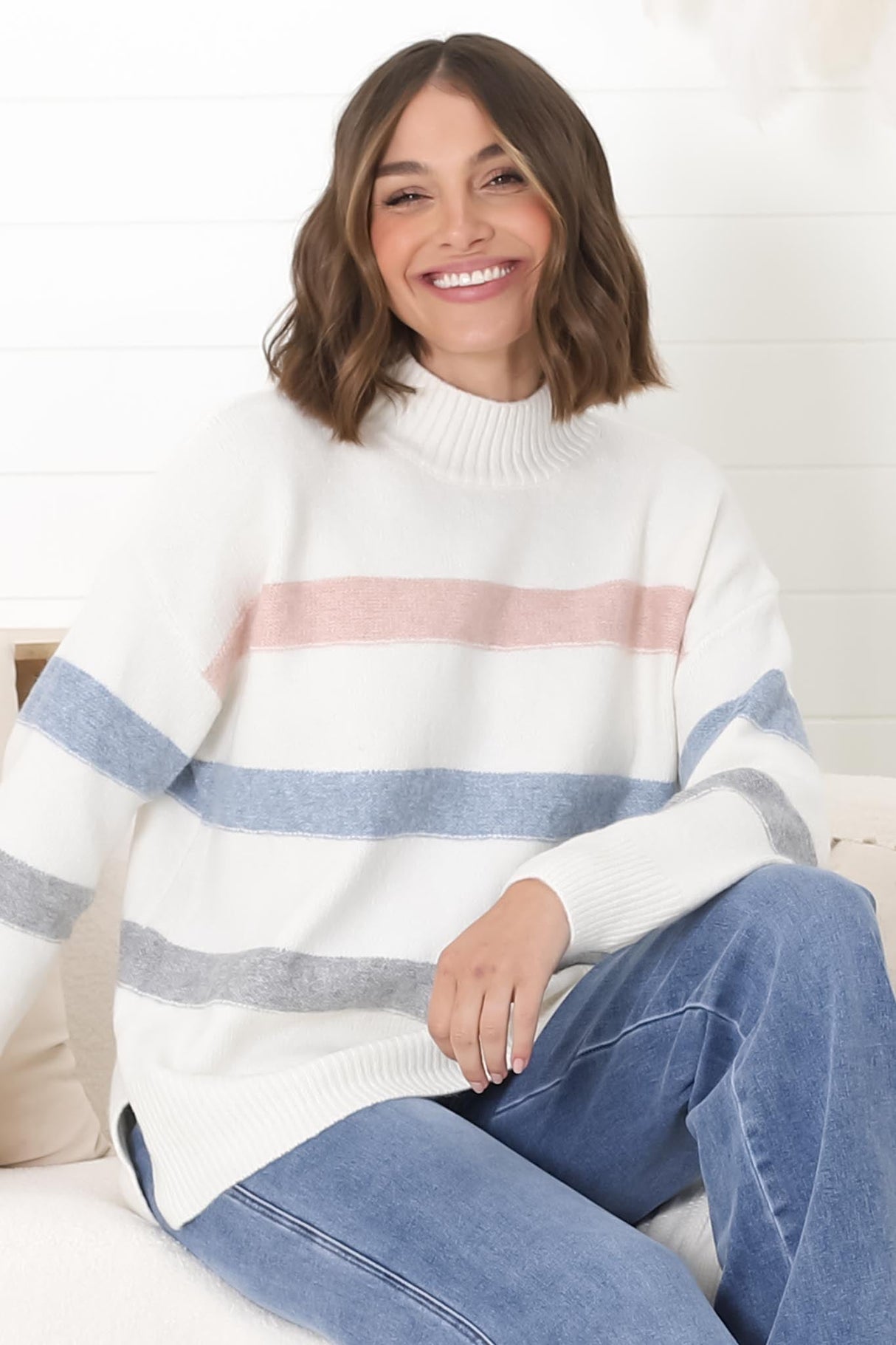 Shore Jumper - Multi Colour Stripe Crew Neck Jumper in Cream