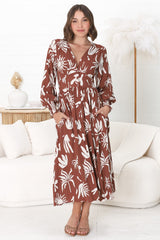 Jolie Midi Dress - V Neck Buttoned Down Long Sleeve Dress in Wells Print Brown