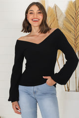 Apres Knit Top - V Neck Slightly Off Shoulder Balloon Sleeve Knit in Black