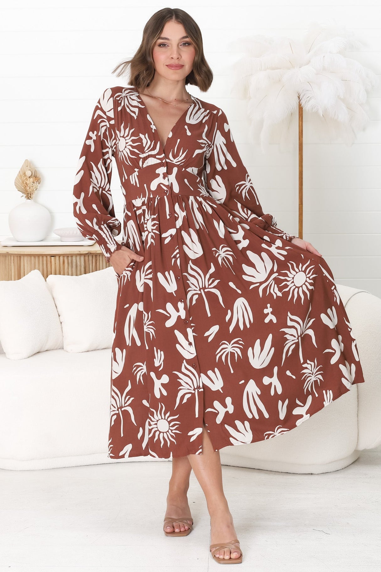 Jolie Midi Dress - V Neck Buttoned Down Long Sleeve Dress in Wells Print Brown